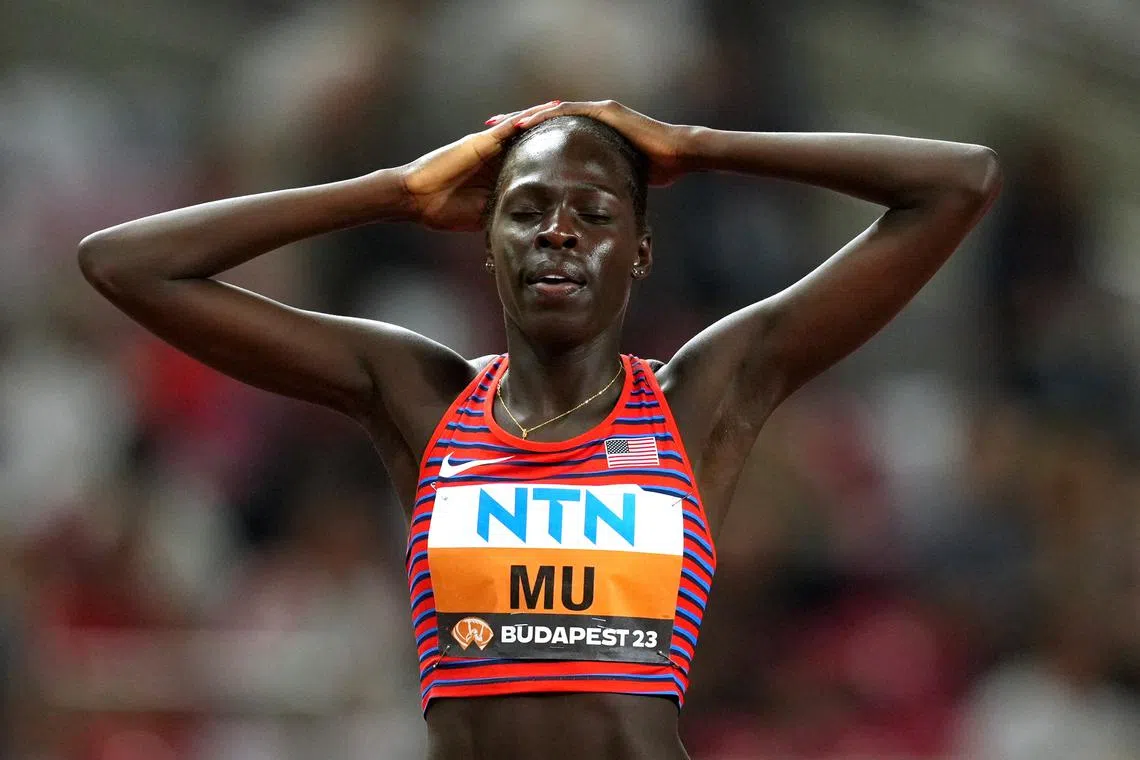 FILE PHOTO: Athletics - World Athletics Championship - Women's 800m Final - Budapest, Hungary - August 27, 2023 Bronze medallist Athing Mu of the U.S. reacts after the final REUTERS/Aleksandra Szmigiel/File Photo