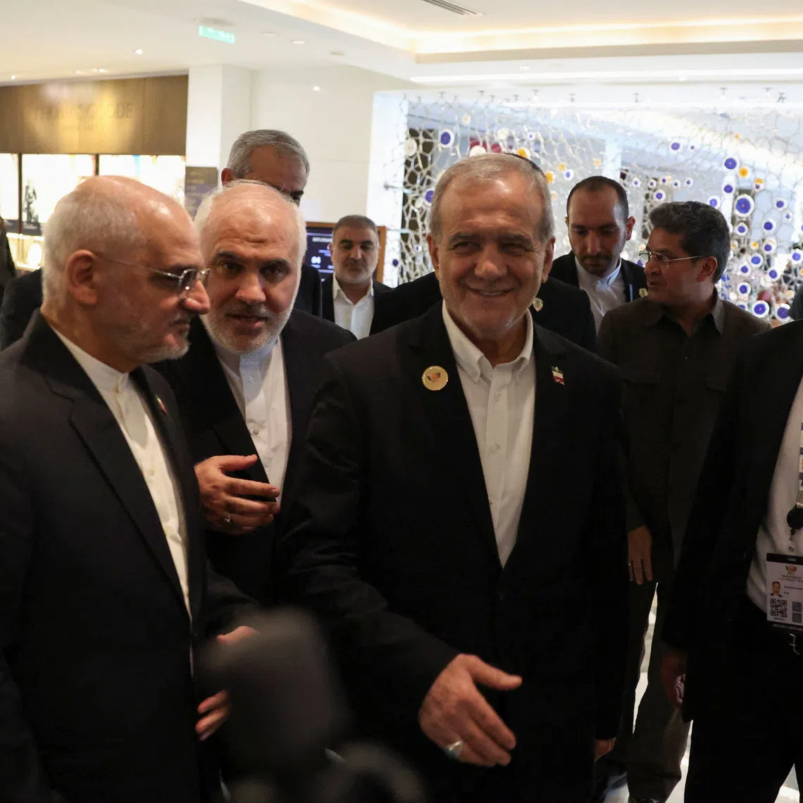 Iranian President Masoud Pezeshkian (centre) along with Mohammad Fathali, Iranian Ambassador to India (left of the president), during his visit to India for the 18th BRICS Summit, in New Delhi, on Sept 12.