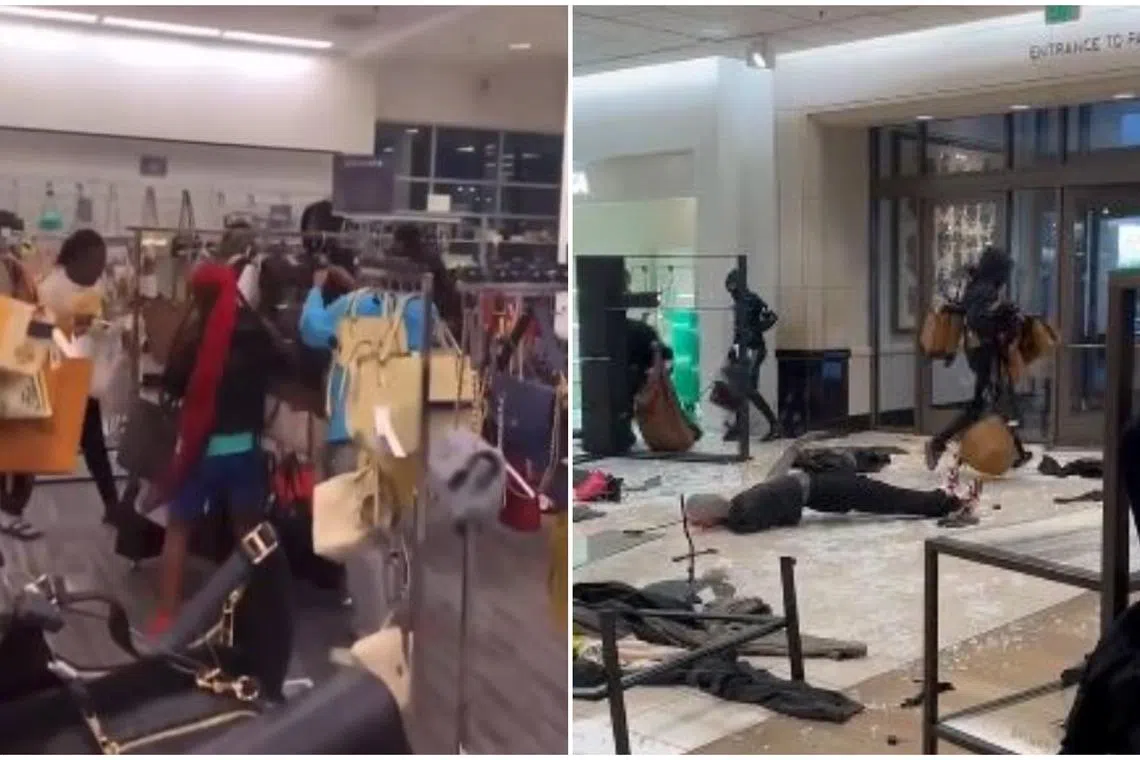 Video clips posted on social media show mobs of up to 50 people rampaging through high-end retailers.