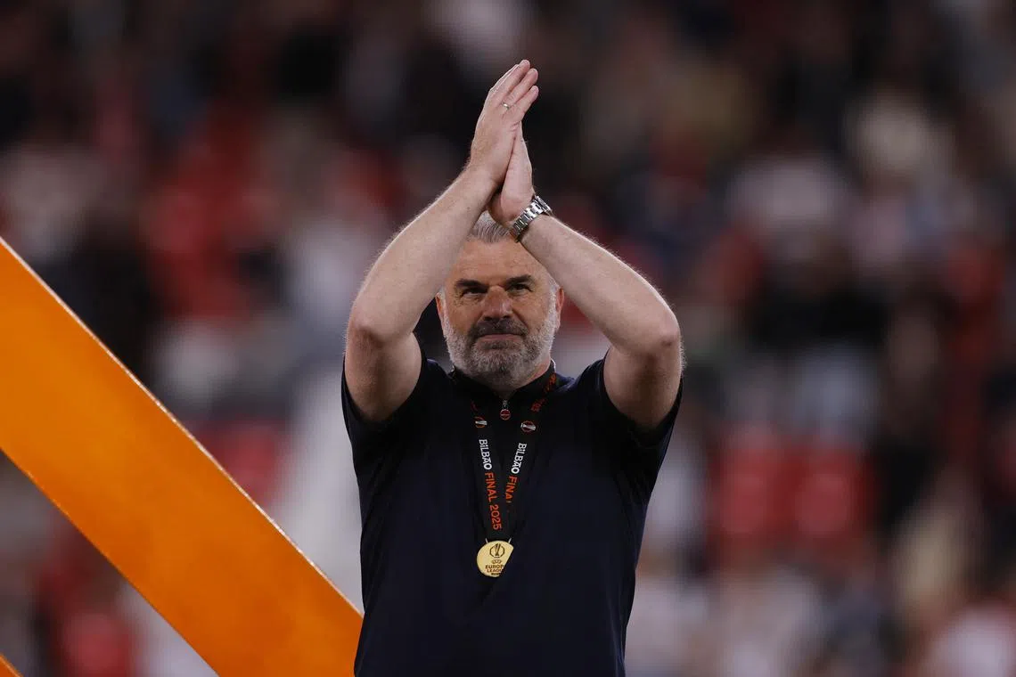 Tottenham Hotspur manager Ange Postecoglou celebrating after winning the Europa League final on May 21. 