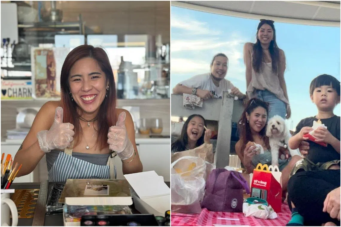 Singer-host Daphne Khoo during an arts and craft session (left) with her friends, and with her family at West Coast Park (right).