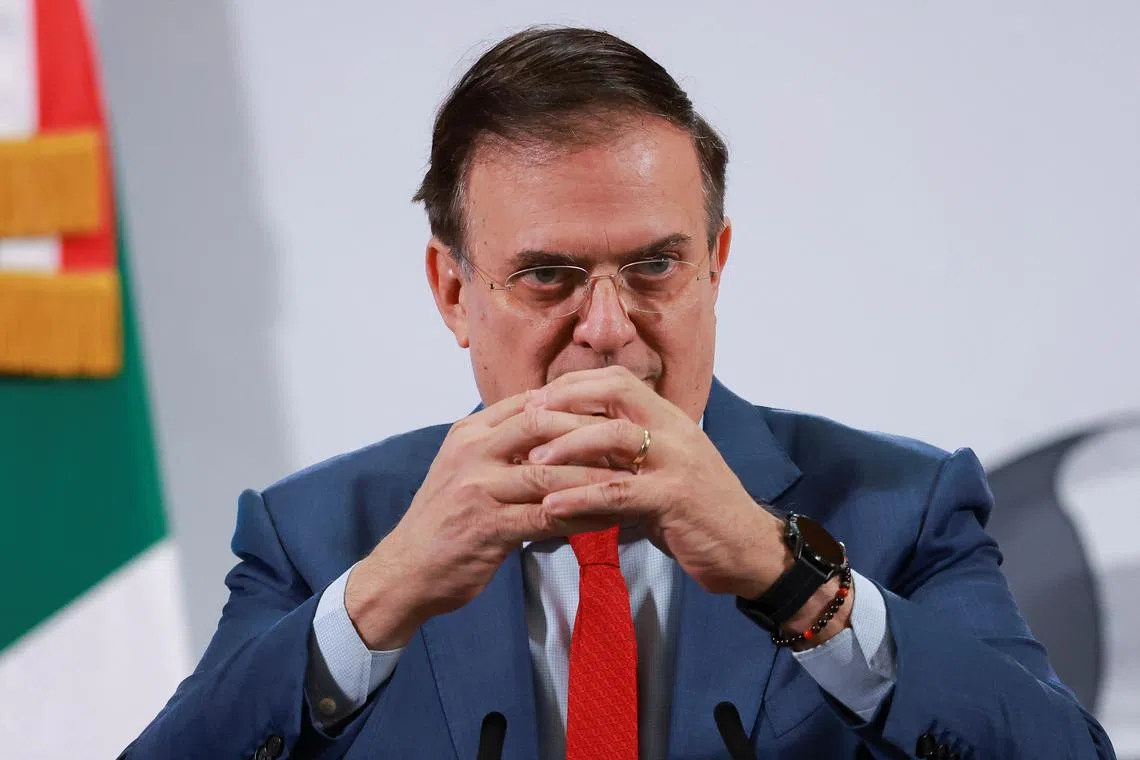 FILE PHOTO: Mexican Minister of Economy Marcelo Ebrard speaks during a press conference in Mexico City, Mexico February 3, 2025. REUTERS/Raquel Cunha/File Photo