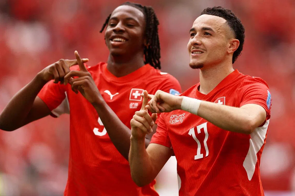 Soccer Football - FIFA World Cup 2026 - Group B - Switzerland v Canada - BC Place, Vancouver, Canada - June 24, 2026 Switzerland's Ruben Vargas celebrates scoring their first goal with Johan Manzambi REUTERS/Lee Smith