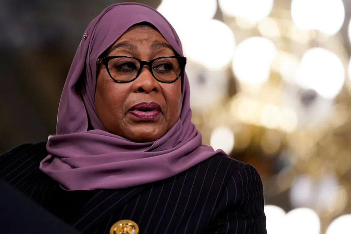 FILE PHOTO: Tanzania's President Samia Suluhu Hassan speaks with U.S. Vice President Kamala Harris (not pictured) during a meeting inside the Eisenhower Executive Office Building at the White House in Washington, U.S., April 15, 2022. REUTERS/Elizabeth Frantz/File Photo