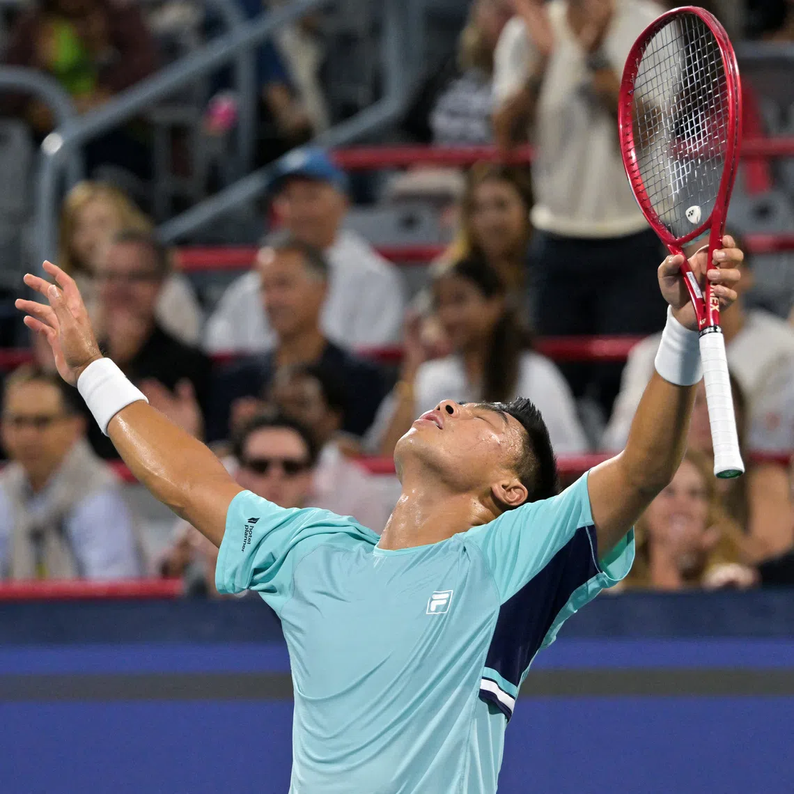 Brandon Nakashima celebrates his victory against Rafael Jodar in the Montreal Masters semi-finals.