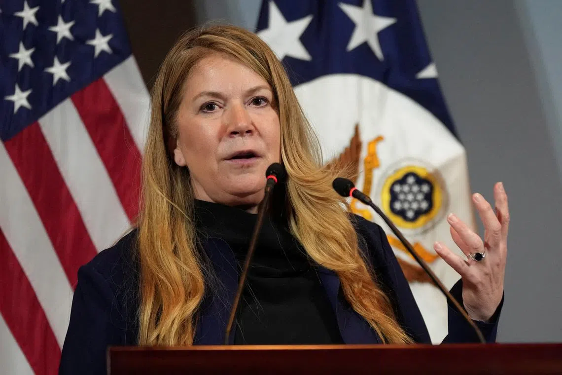 Under Secretary of Commerce and Director of the U.S. Patent and Trademark Office Kathi Vidal speaks during Vidal's visit to China, in Beijing, April 16, 2024. Tatan Syuflana/Pool via REUTERS