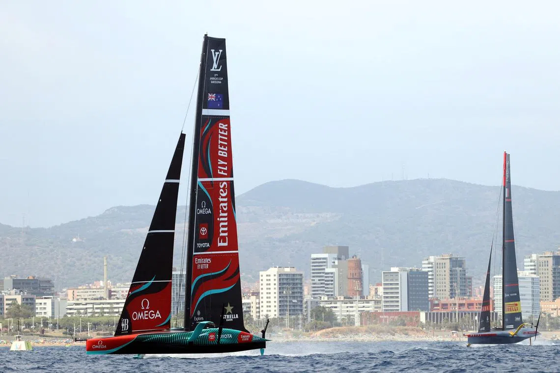 FILE PHOTO: Sailing - America's Cup Preliminary Regatta - Barcelona, Spain - August 25, 2024 Luna Rossa Prada Pirelli Team in action during the final race against Emirates Team New Zealand REUTERS/Bruna Casas/File Photo