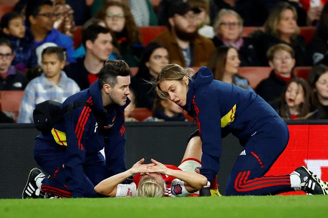 FILE PHOTO: Soccer Football - Women's Super League - Arsenal v Manchester United - Emirates Stadium, London, Britain - November 19, 2022 Arsenal's Beth Mead after sustaining an injury  Action Images via Reuters/Andrew Boyers/File Photo