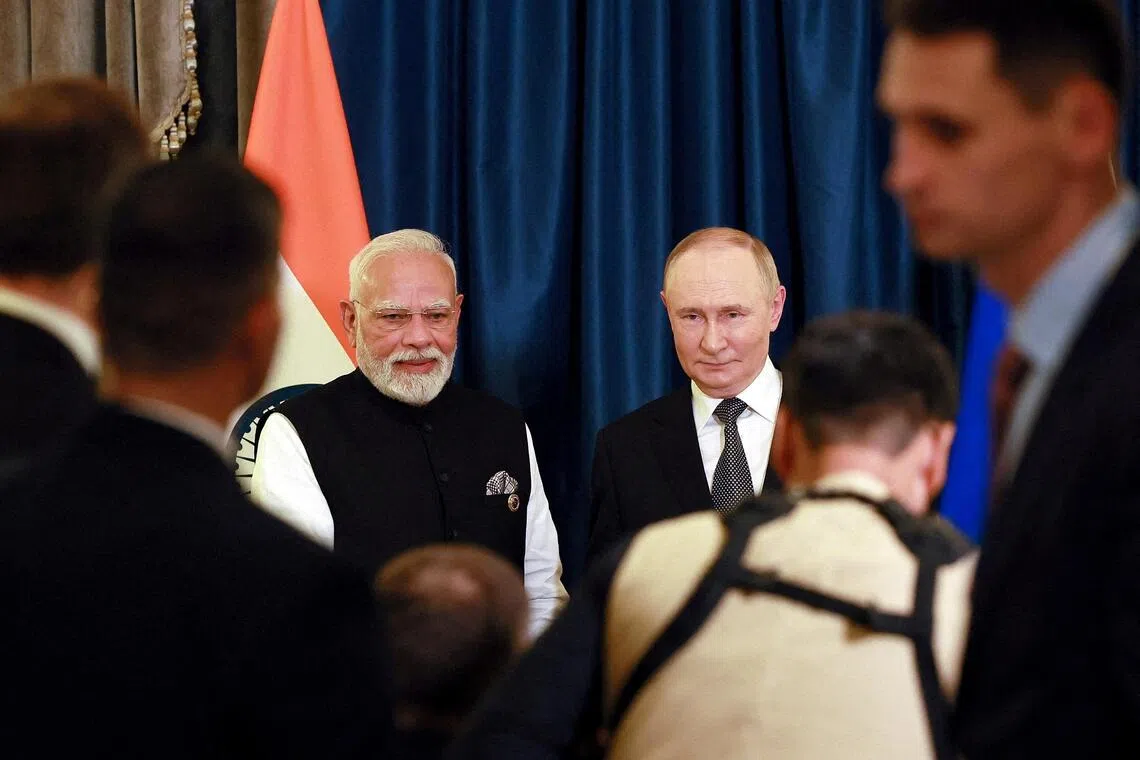 FILE PHOTO: Russian President Vladimir Putin and Indian Prime Minister Narendra Modi attend a meeting on the sidelines of the Shanghai Cooperation Organisation (SCO) summit in Tianjin, China, September 1, 2025. Sputnik/Vladimir Smirnov/Pool via REUTERS ATTENTION EDITORS - THIS IMAGE WAS PROVIDED BY A THIRD PARTY./File Photo