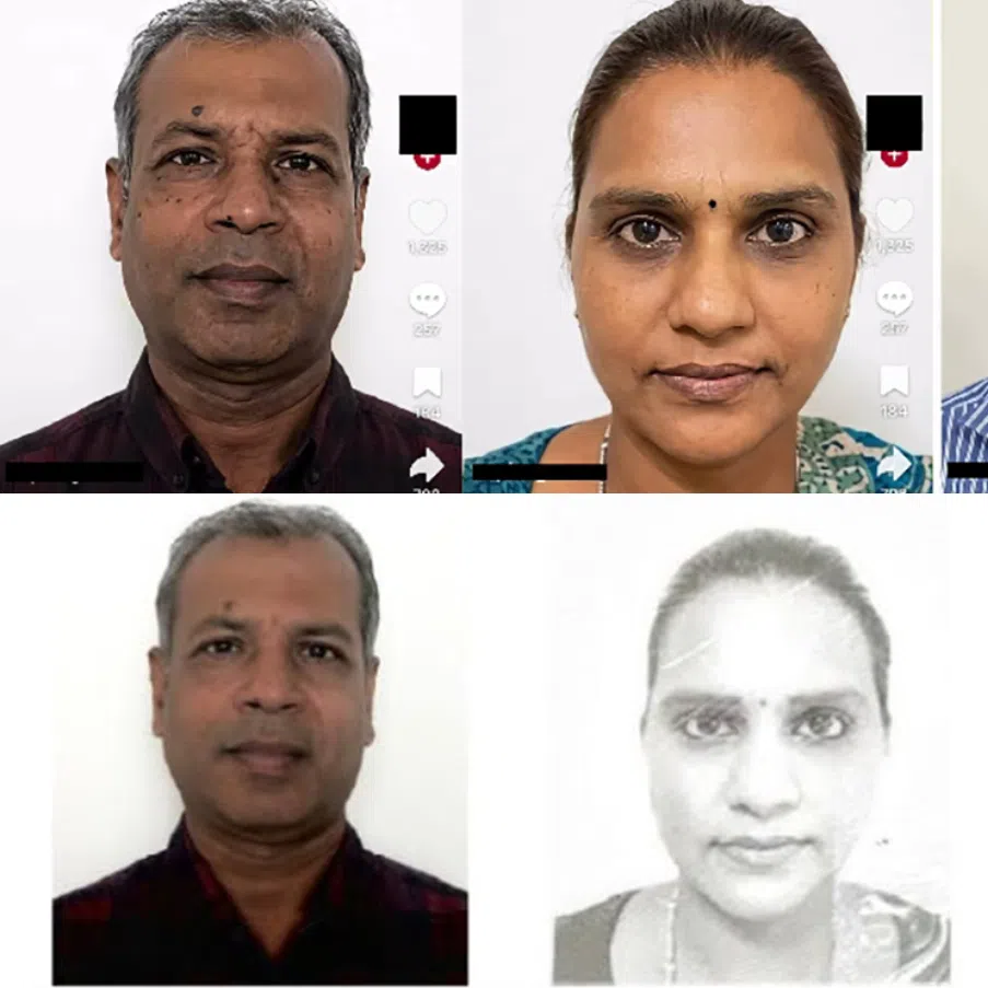 (Top row) AI-generated images of four Singaporeans missing in Nepal have been shared online. A travel agency uploaded photos (bottom row) of four Singaporeans missing in Nepal to Facebook on Aug 28. The photos were taken from scans of their travel documents.