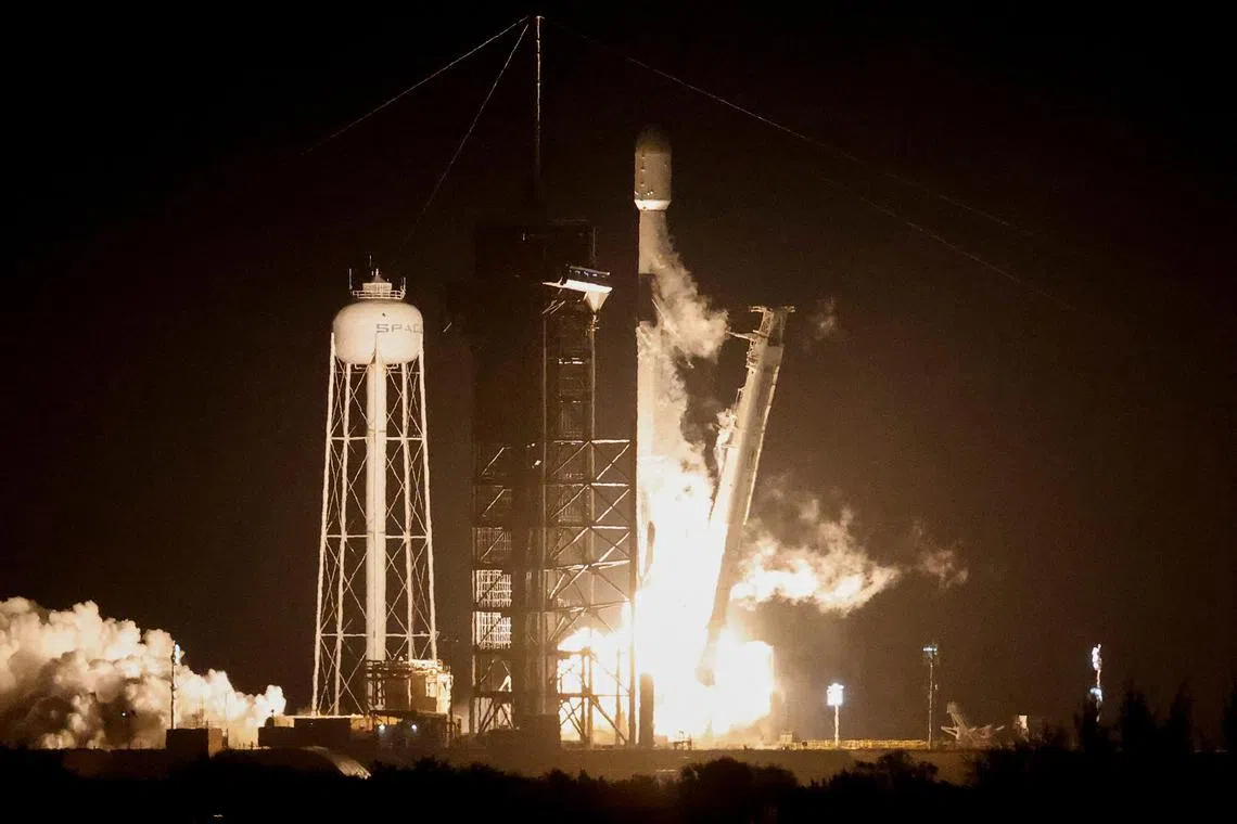 A Falcon 9 rocket lifts off in Florida, carrying the privately built Nova-C moon lander.