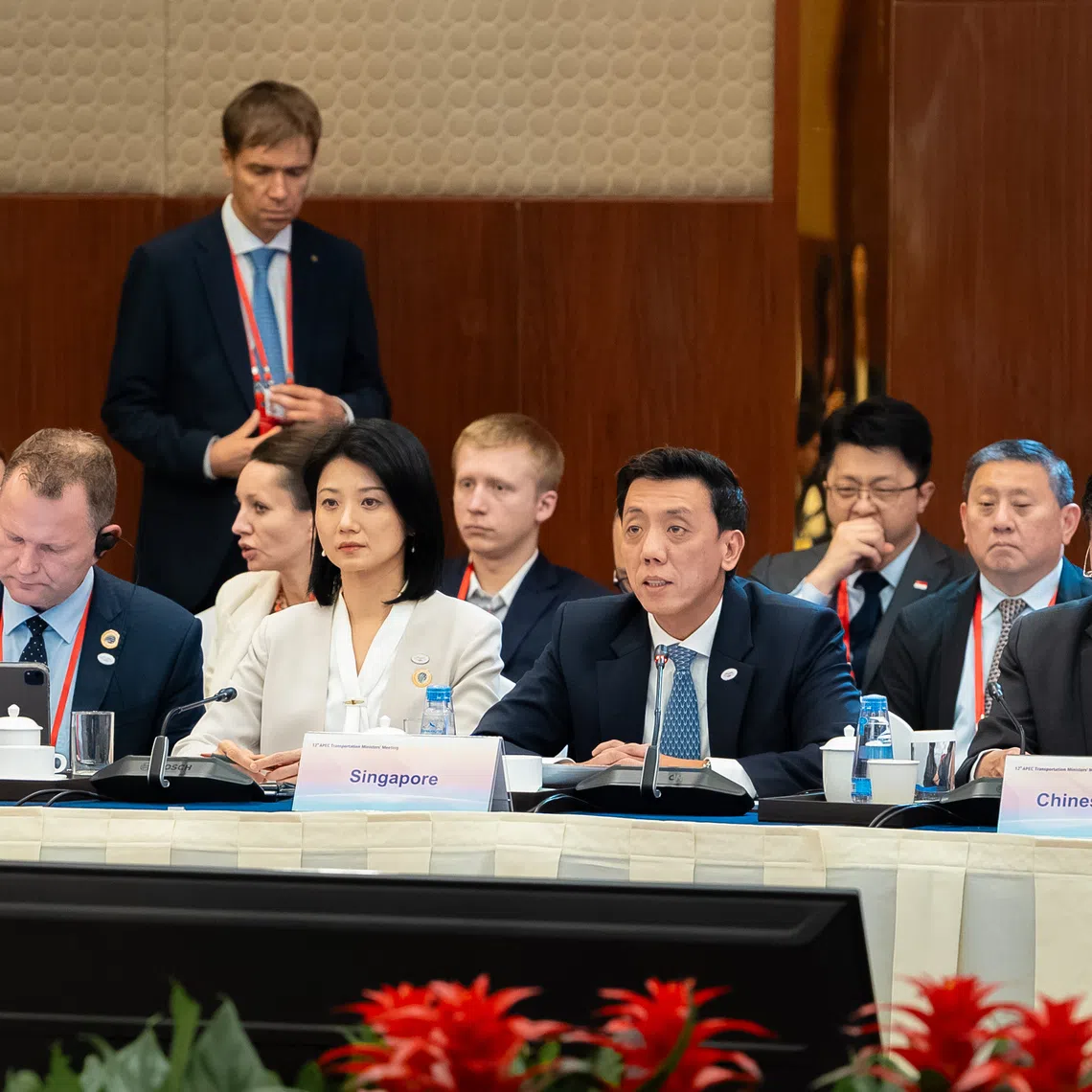 Transport Minister Jeffrey Siow (centre, right) with Senior Minister of State for Transport Sun Xueling (centre, left) at the 12th iteration of APEC Transportation Ministers’ Meeting in Beijing, on Sept 22.