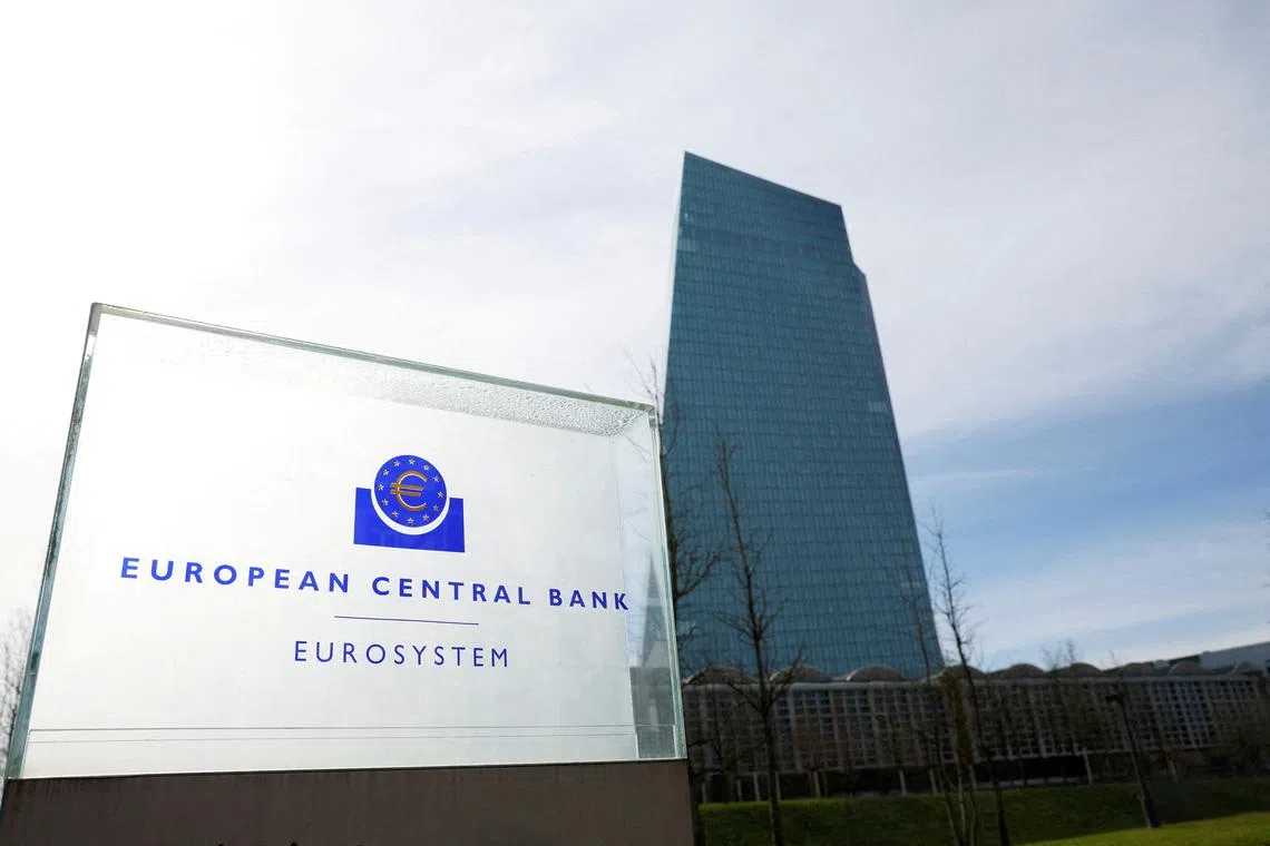 FILE PHOTO: A view shows the logo of the European Central Bank (ECB) outside its headquarters in Frankfurt, Germany March 16, 2023. REUTERS/Heiko Becker/File Photo
