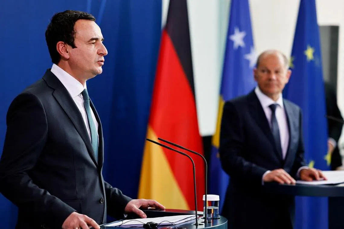 Kosovo's Prime Minister Albin Kurti speaks during a news conference with German Chancellor Olaf Scholz in Berlin, Germany May 4, 2022. REUTERS/Hannibal Hanschke/File Photo