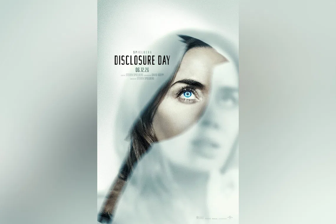 British actress Emily Blunt in the poster for the Steven Spielberg film Disclosure Day.