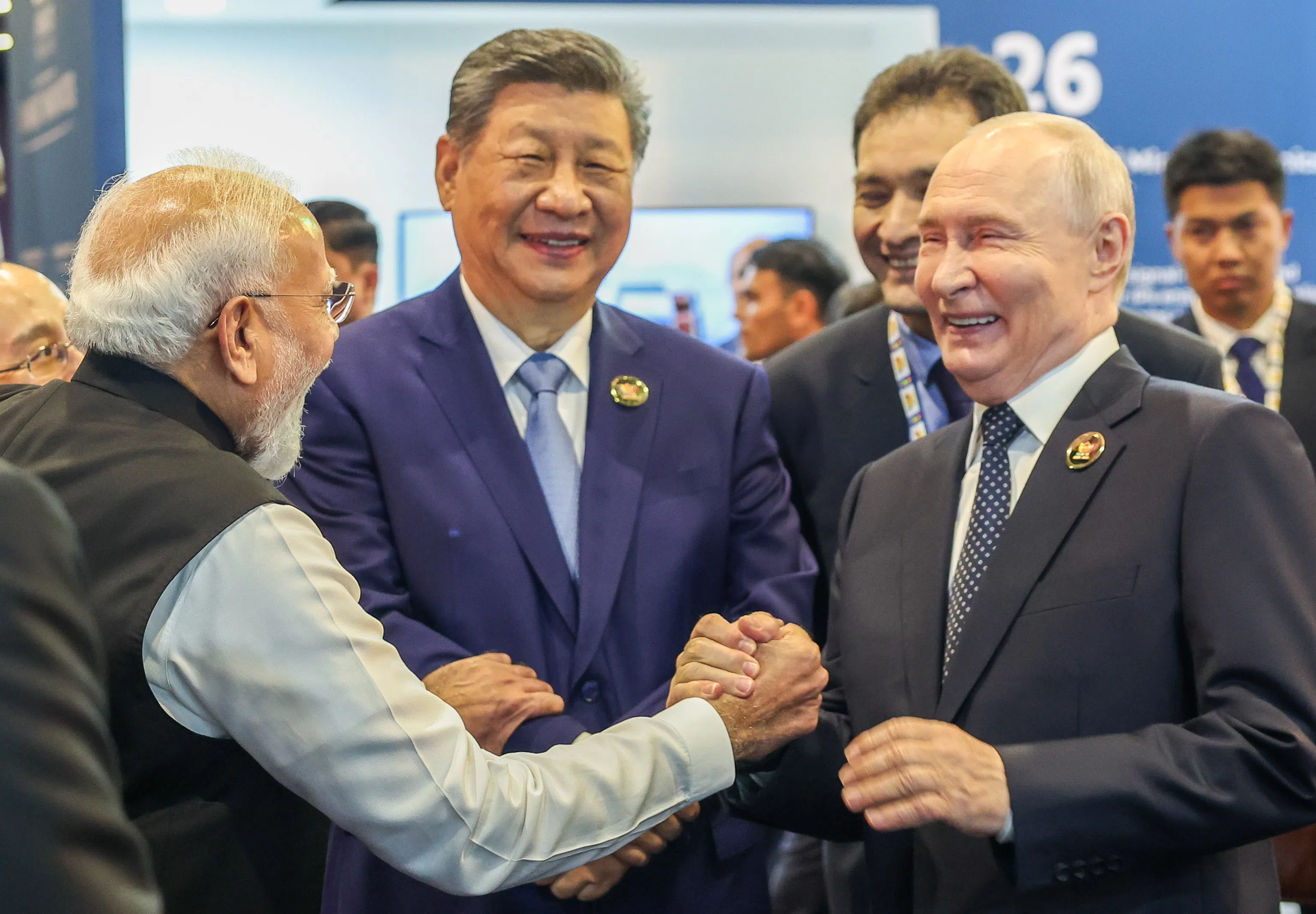 (From left) Indian Prime Minister Narendra Modi, Chinese President Xi Jinping and Russian President Vladimir Putin at the BRICS summit in New Delhi on Sept 12.
