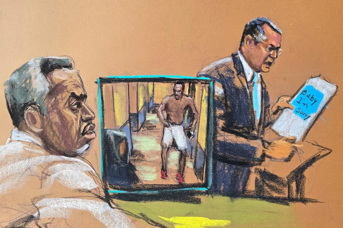 Sean \"Diddy\" Combs listens as his lawyer Marc Agnifilo makes his closing arguments during Combs' sex trafficking trial in New York City, New York, U.S., June 27, 2025 in this courtroom sketch. REUTERS/Jane Rosenberg
