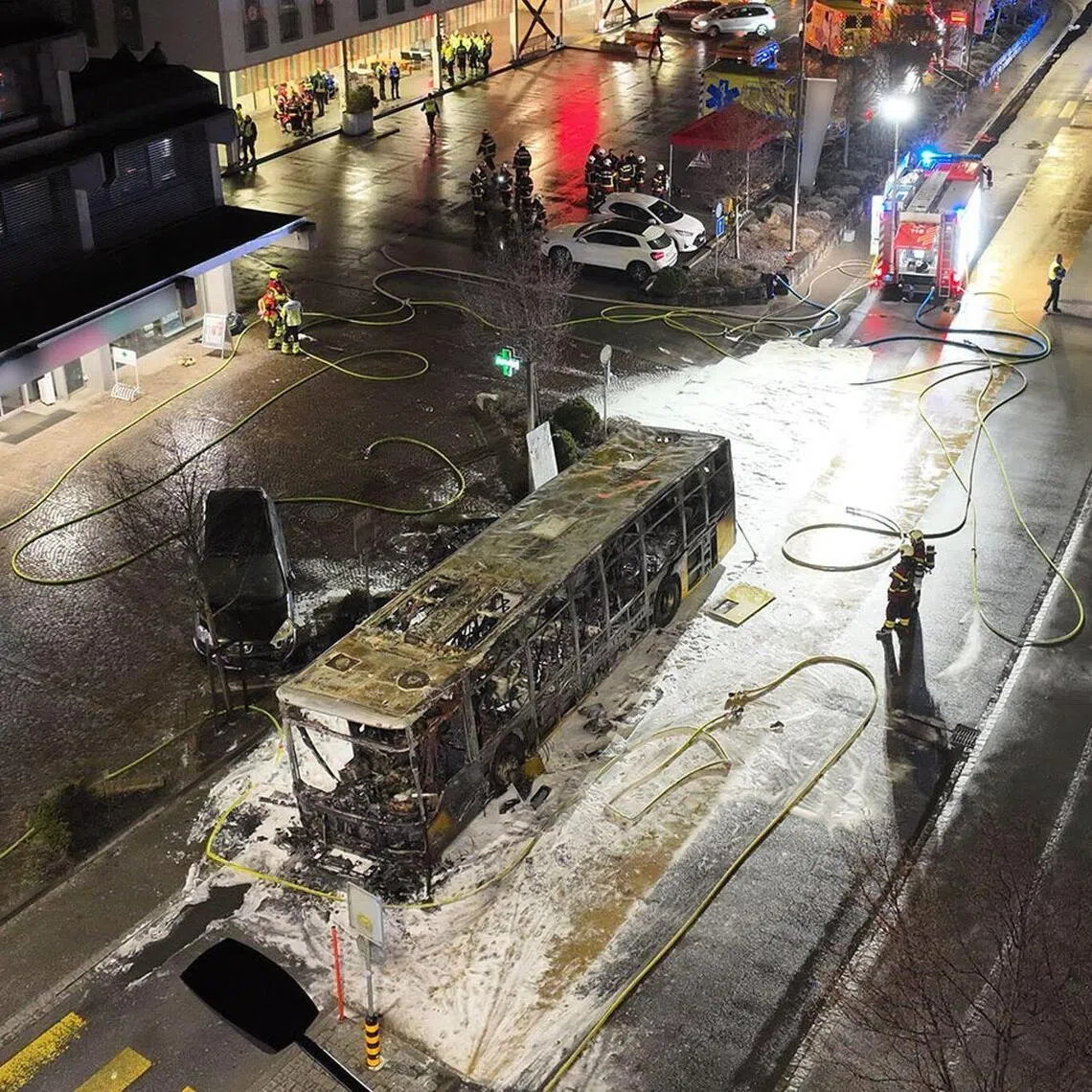 The fire broke out on the bus in the main street of the small town of Kerzers at about 6.25pm on March 10.  