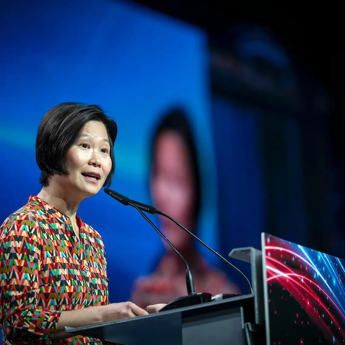 alitap21 - Minister of State for Energy, Trade and Industry Gan Siow Huang speaks at the Industrial Transformation Asia-Pacific event at the Suntec Singapore Convention & Exhibition Centre on Oct 21, 2026.

PHOTO: Economic Development Board