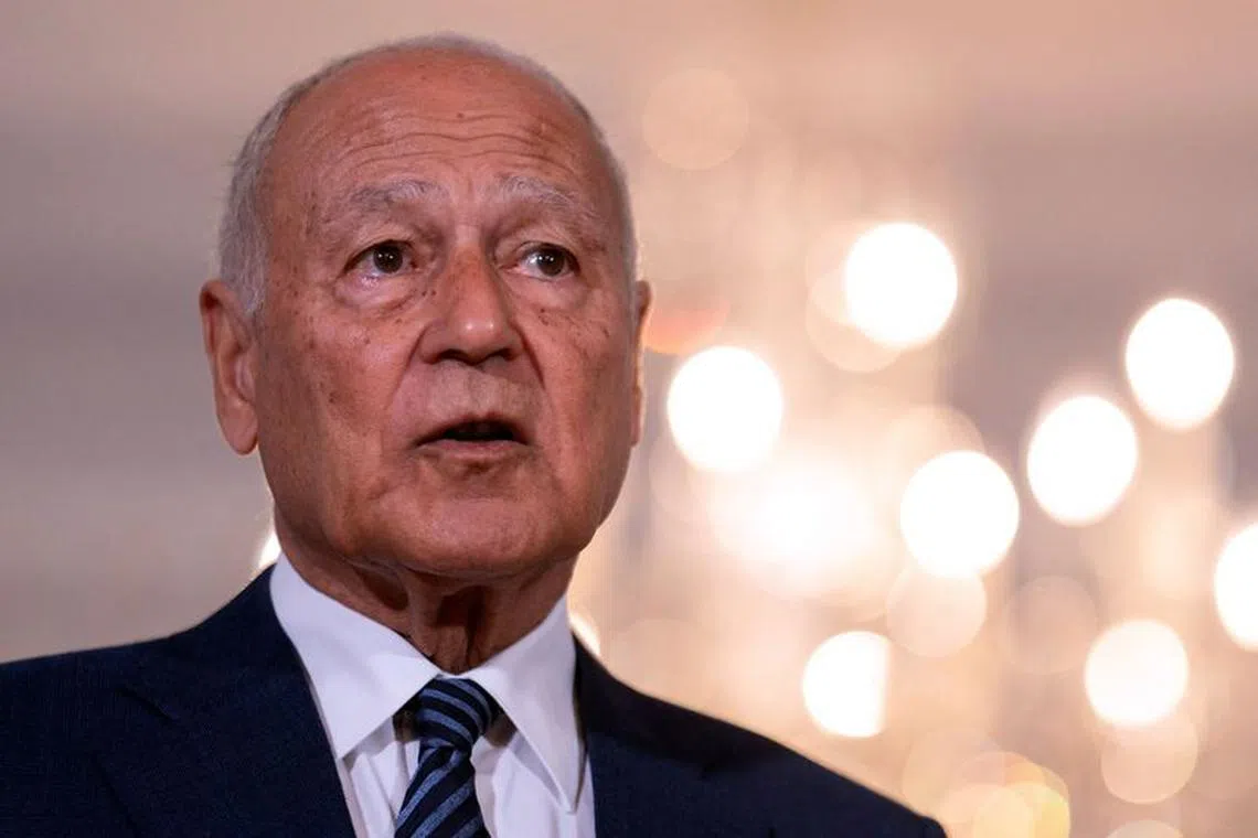 FILE PHOTO: Arab League Secretary-General Ahmed Aboul Gheit speaks alongside U.S. Secretary of State Antony Blinken during a press appearance at the State Department in Washington, U.S., July 19, 2023. REUTERS/Nathan Howard/File Photo