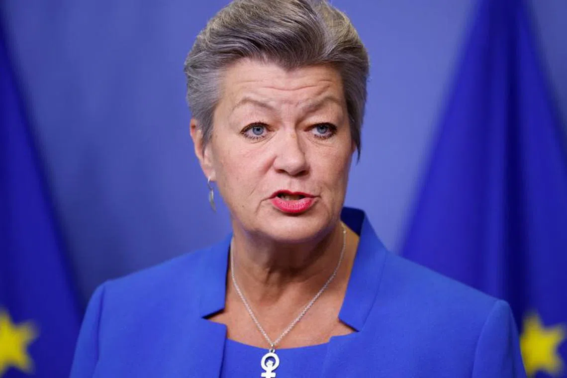 FILE PHOTO: European Commissioner for Home Affairs Ylva Johansson gives a press conference in Brussels, Belgium January 19, 2023. REUTERS/Johanna Geron/File Photo