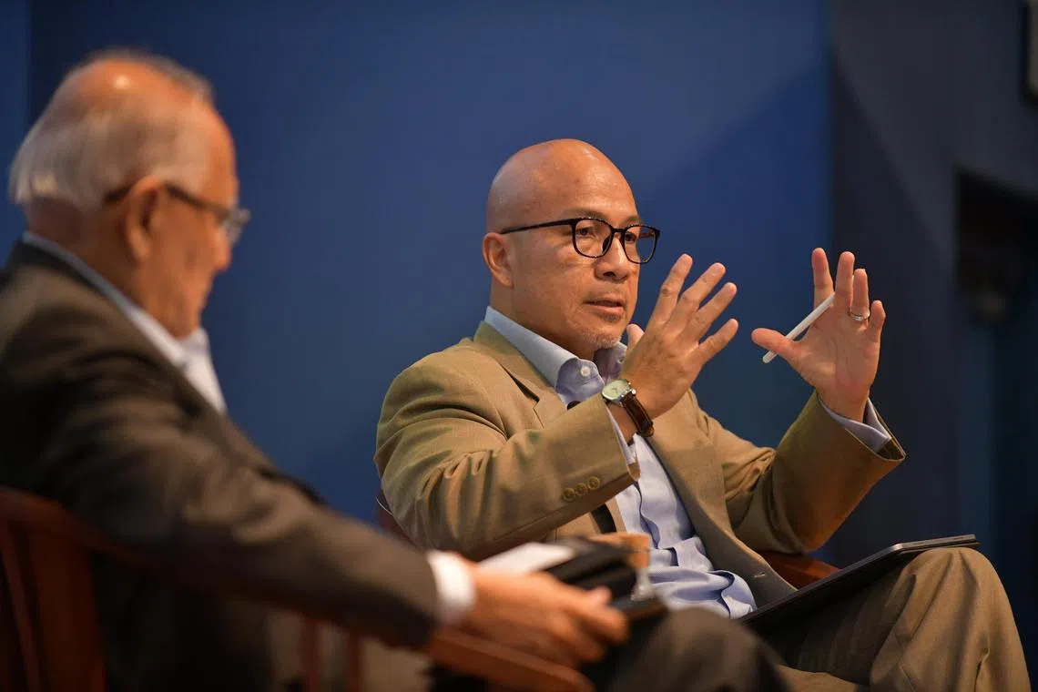 mcliow - International affairs scholar Joseph Liow giving a lecture on the topic of "Southeast Asia in a Shifting Global Order: Grasping the Nettle or Groping in the Dark?", at the auditorium of Shaw Foundation Alumni House, National University of Singapore (NUS), on Nov 1, 2023. The lecture is organised by the Institute of Policy Studies at National University of Singapore. Next to him is the moderator Professor Barry Desker, Distinguished Fellow at S Rajaratnam School of International Studies and Nanyang Professor of Practice at Nanyang Technological University. 

Credit: Anton Chia for the Institute of Policy Studies, National University of Singapore