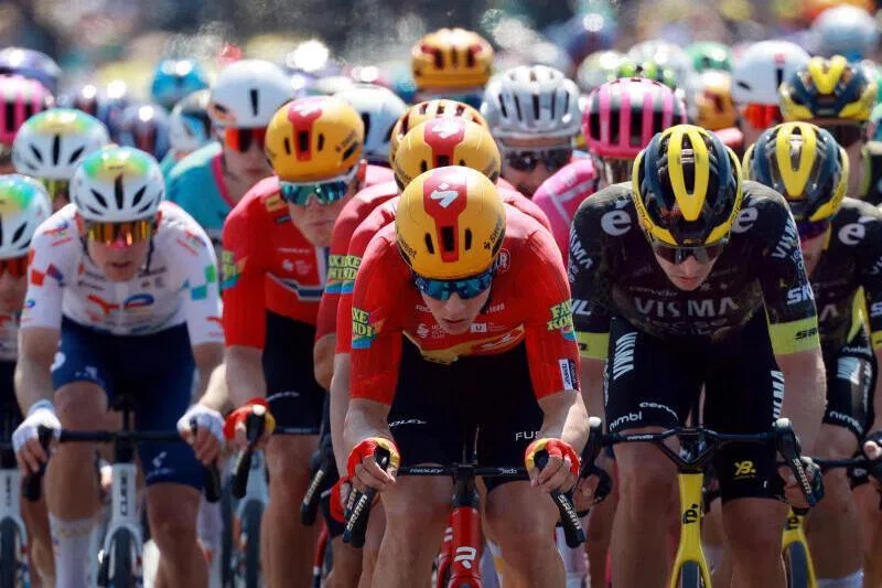 Riders in action during stage 2 of Tour de France from Barcelona to Tarragon.
