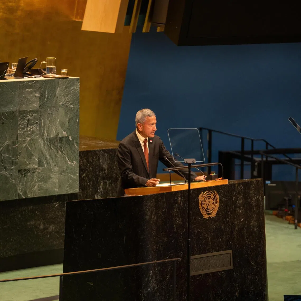 Singapore Foreign Minister Vivian Balakrishnan delivers Singapore’s national statement at the General Debate of the UN General Assembly in New York on Sept 26.