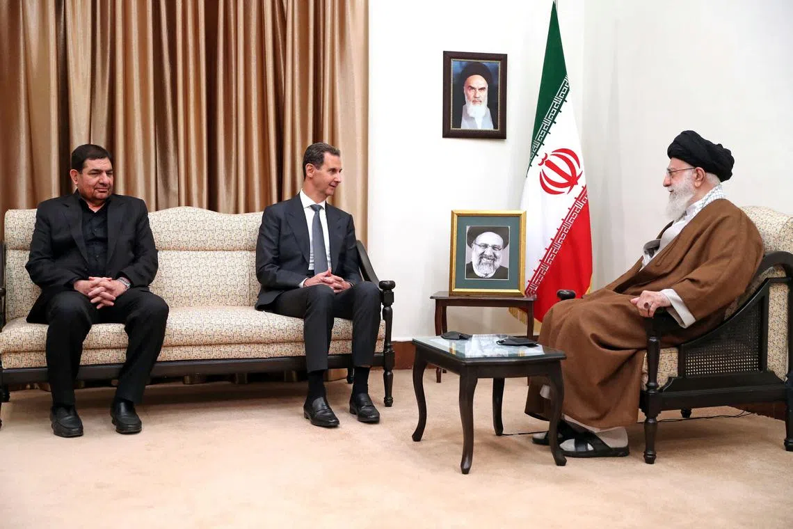 Iran's Supreme Leader Ayatollah Ali Khamenei meets with Syrian President Bashar al-Assad, in Tehran, Iran May 30, 2024. Office of the Iranian Supreme Leader/WANA (West Asia News Agency) via REUTERS