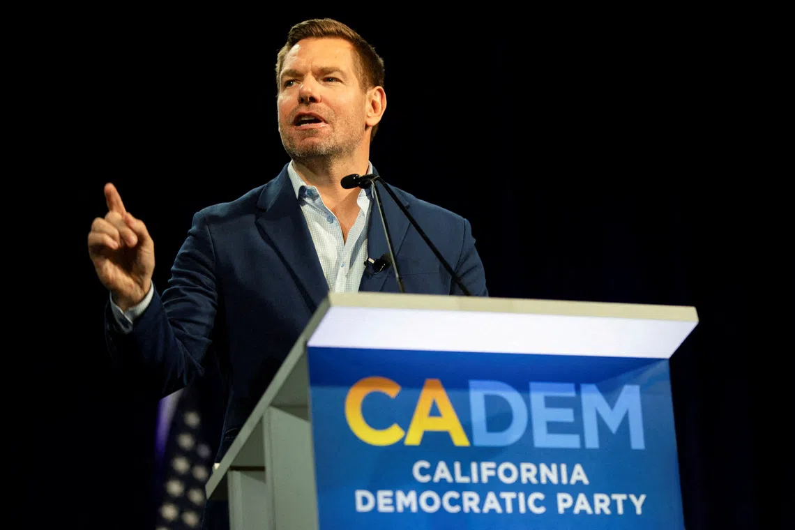 FILE PHOTO: California gubernatorial candidate Eric Swalwell speaks during the California Democratic Convention in San Francisco, California, U.S, February 21, 2026.  REUTERS/Manuel Orbegozo/File Photo