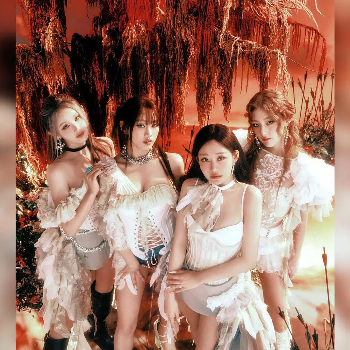 A concept photo of K-pop girl group Kiss Of Life - consisting (from far left) Belle, Natty, Julie and Haneul - for their single Who Is She.