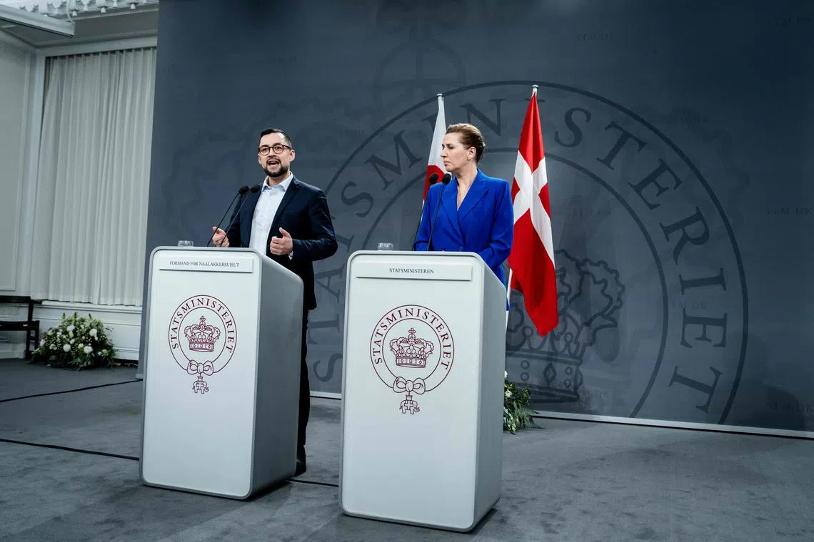 Greenland Prime Minister Mute Egede (left) and Danish Prime Minister Mette Frederiksen delivering a press conference in Copenhagen on Jan 10.