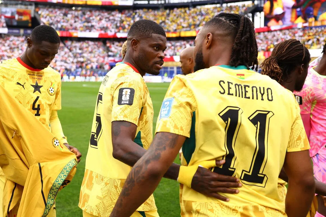 Soccer Football - FIFA World Cup 2026 - Group L - England v Ghana - Boston Stadium, Foxborough, Massachusetts, U.S. - June 23, 2026 Ghana's Thomas Partey with Antoine Semenyo before the match REUTERS/Peter Cziborra