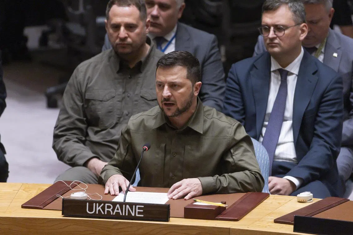 Ukrainian President Volodymyr Zelensky addresses a UN Security Council meeting about Russia's invasion of his country. 