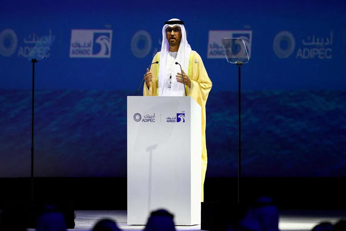 FILE PHOTO: United Arab Emirates' Industry Minister Sultan Ahmed Al Jaber speaks during the Abu Dhabi International Petroleum Exhibition and Conference (ADIPEC) in Abu Dhabi, United Arab Emirates, October 31, 2022. REUTERS/Amr Alfiky/File Photo