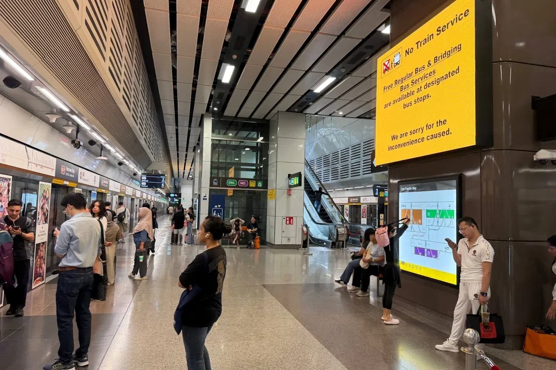 A notice informs commuters of a Thomson-East Coast Line service disruption at Outram Park TEL station on May 3.