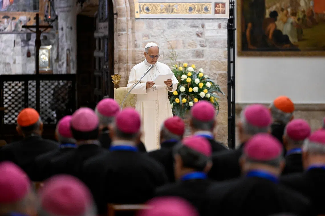 Pope Leo XIV meeting the bishops of the Italian Episcopal Conference at the Papal Basilica of Saint Mary of the Angels in Assisi on Nov 20.