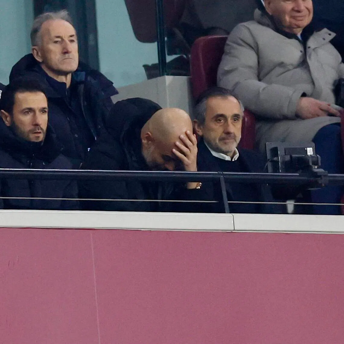 Manchester City manager Pep Guardiola shows his disappointment in the stands during his side's 1-1 English Premier League draw with West Ham United on March 14.