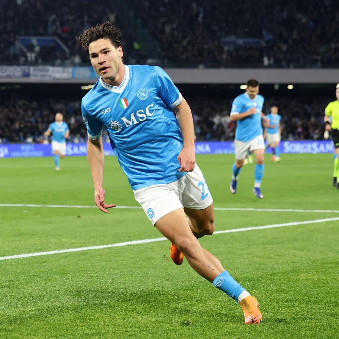 Soccer Football - Serie A - Napoli v Fiorentina - Stadio Diego Armando Maradona, Naples, Italy - January 31, 2026 Napoli's Antonio Vergara celebrates scoring their first goal REUTERS/Ciro De Luca