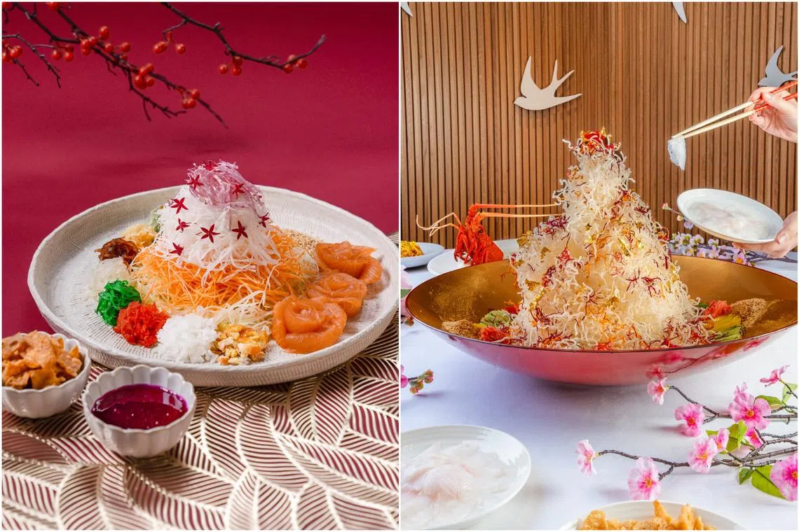 Prosperity Salmon Yu Sheng with Dragon fruit sauce (left) and YÀN 'Shun De' Style Yu Sheng with Australian Lobster.