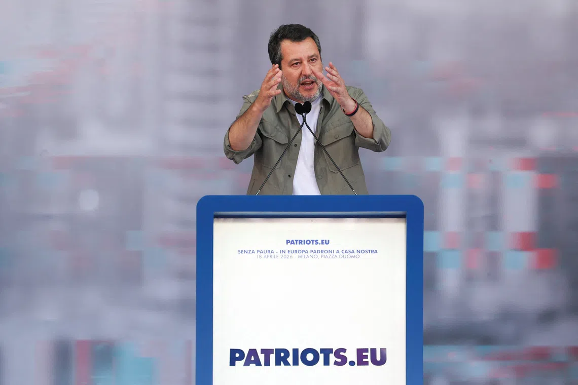 FILE PHOTO: Italy's Deputy Prime Minister and League party leader Matteo Salvini speaks on stage at a European far-right parties summit in Milan, Italy, April 18, 2026. REUTERS/Claudia Greco/File Photo
