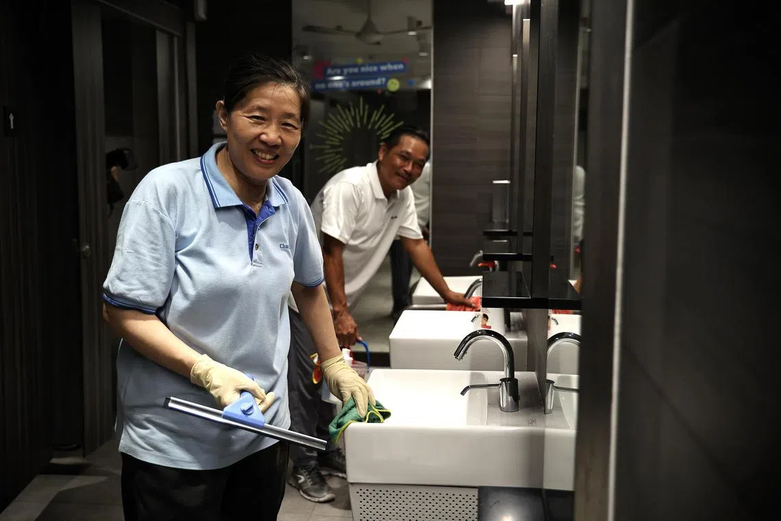 ocloo20 - ST20231121_202343494730/ Hester Tan/ ocloo20/ NEA kick off a new clean toilets campaign at One Punggol Hawker Centre 1 Punggol Drive on 21 November 2023.
Pictured are cleaner and cleaning supervisor Ms Li Xiumei and Mr Yuen Kok Yew in toilets.