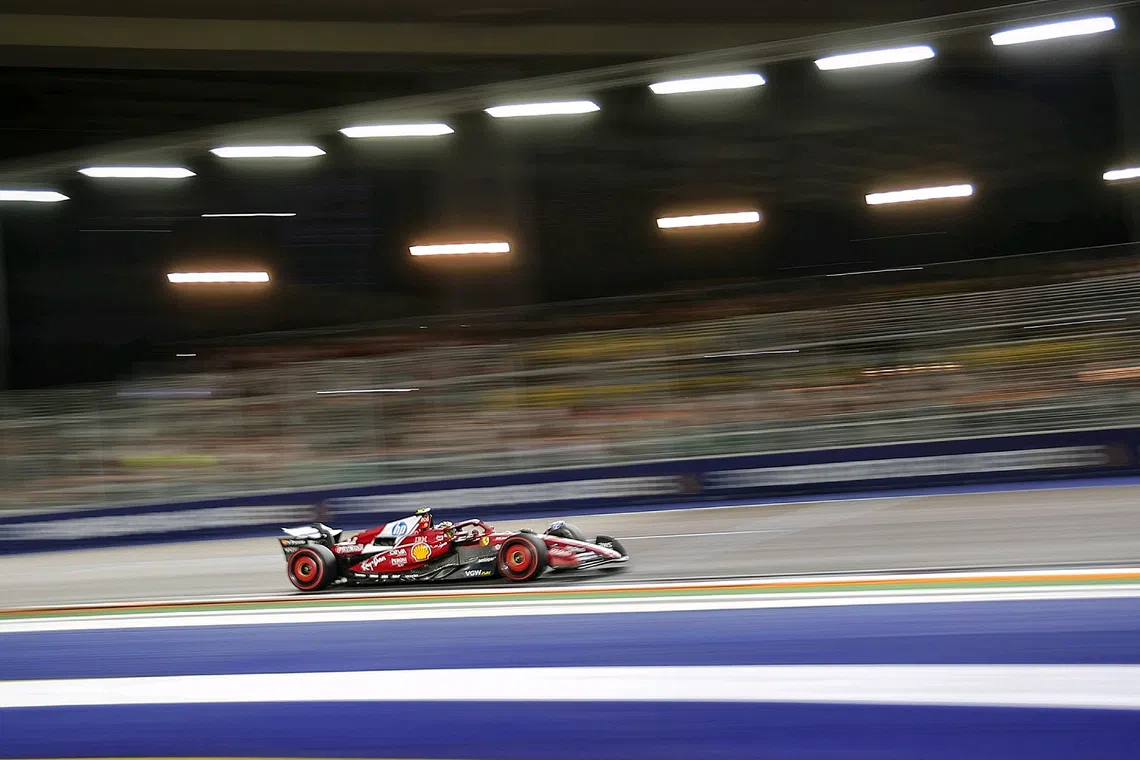 Ferrari's Lewis Hamilton in action during the qualifying session of the 2025 Formula One Singapore Airlines Singapore Grand Prix at the Marina Bay Street Circuit on Oct 4, 2025. 