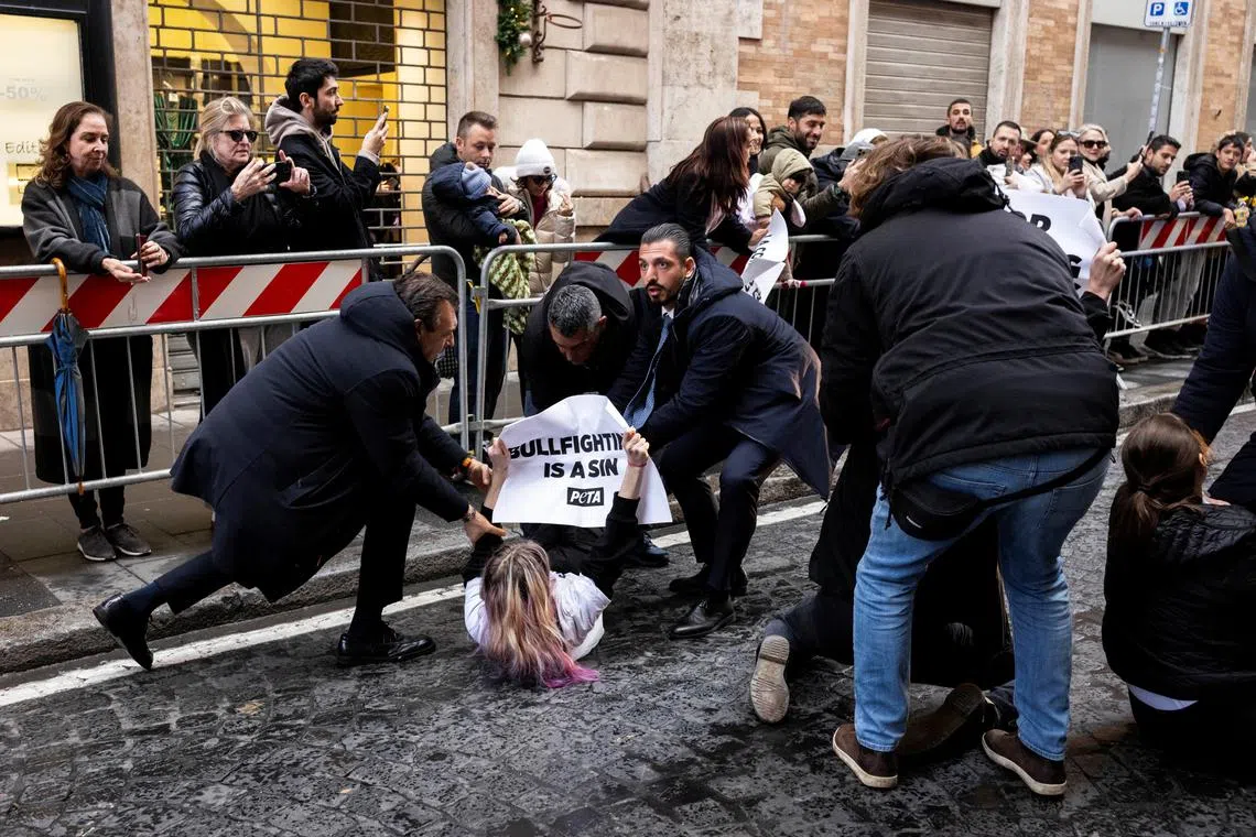 Security forces whisked the women away, as another woman behind the barricade wielded a similar sign saying “bullfighting is a sin” in Spanish.