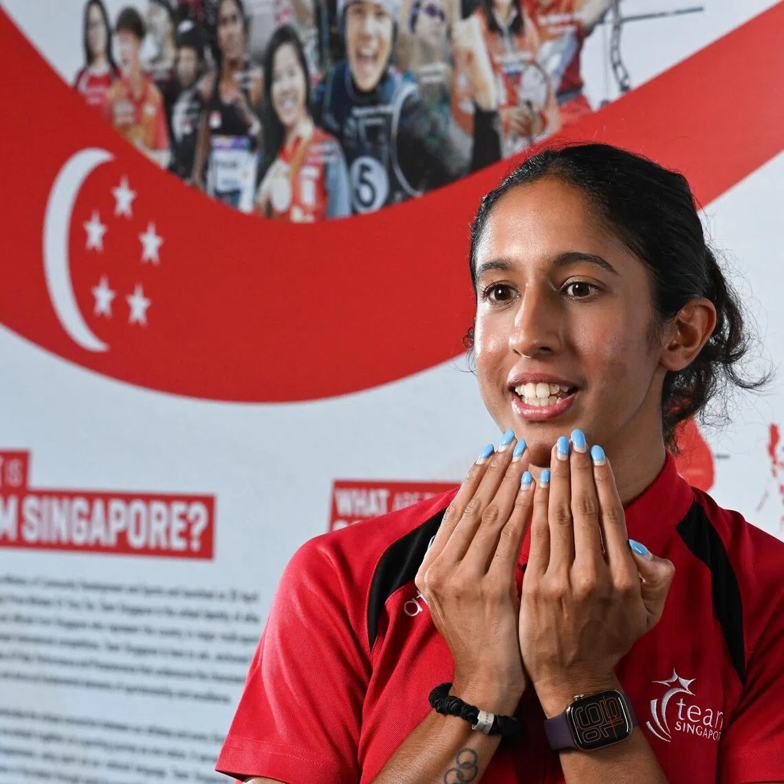 ST20251015-202515200709-Lim Yaohui-Melvyn Teoh-mtschool15/
Team SG athlete Shanti Pereira (Athletics) doing a media doorstop during launch of the School Sports Fiesta, a pilot programme bringing students from different backgrounds together through sports, at Edgefield Secondary School on Oct 15, 2025.
This event also marks the kick-off of Team Singapore’s One Team, One Dream Campaign, which aims to rally Singaporeans behind Team Singapore athletes ahead of the upcoming SEA Games (9–20 December 2025) and ASEAN Para Games (20–26 January 2026) in Thailand. 
(ST PHOTO: LIM YAOHUI)