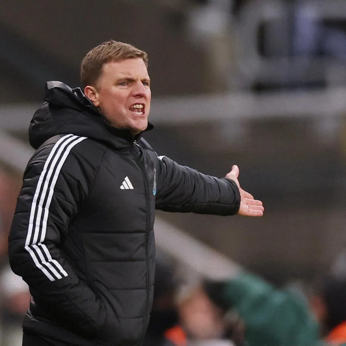 Newcastle United manager Eddie Howe reacting during the 3-2 English Premier League home defeat by Brentford at St James’ Park on Feb 7, 2026.