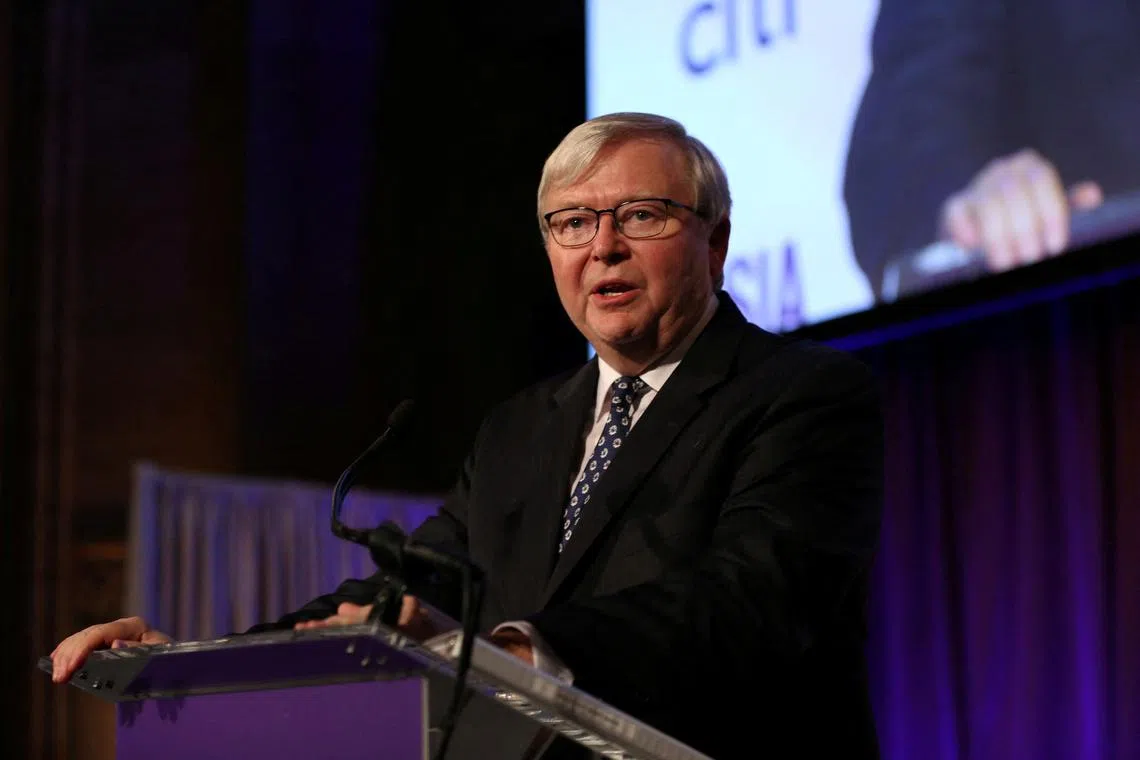 FILE PHOTO: Former Australian Prime Minister and ASPI President Kevin Rudd gives a speech during the 2017 Asia Game Changer Awards and Gala Dinner in Manhattan, New York, U.S. November 1, 2017. REUTERS/Amr Alfiky/File Photo