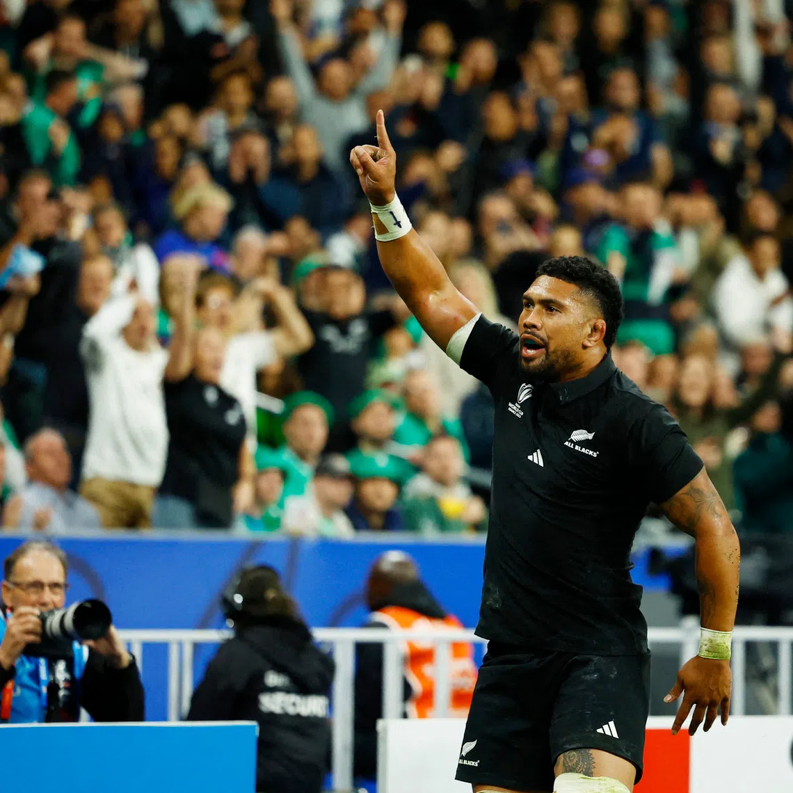Rugby Union - Rugby World Cup 2023 - Quarter Final - Ireland v New Zealand - Stade de France, Saint-Denis, France - October 14, 2023 New Zealand's Ardie Savea celebrates scoring their second try REUTERS/Sarah Meyssonnier