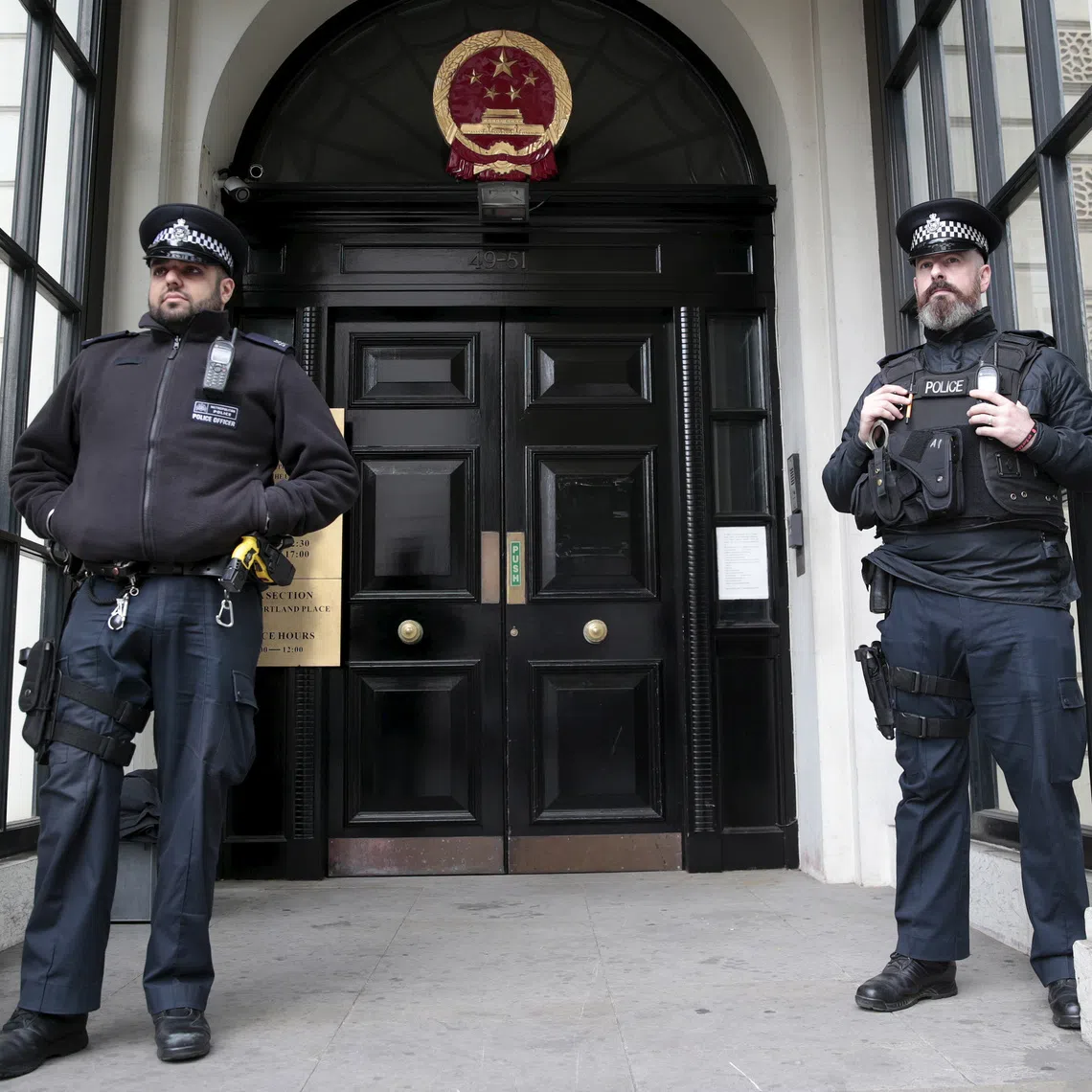 Police officers guarding the Chinese Embassy in London. Britain’s MI5 security service issued an “Espionage Alert” on Sept 30 over China’s activities in the UK.