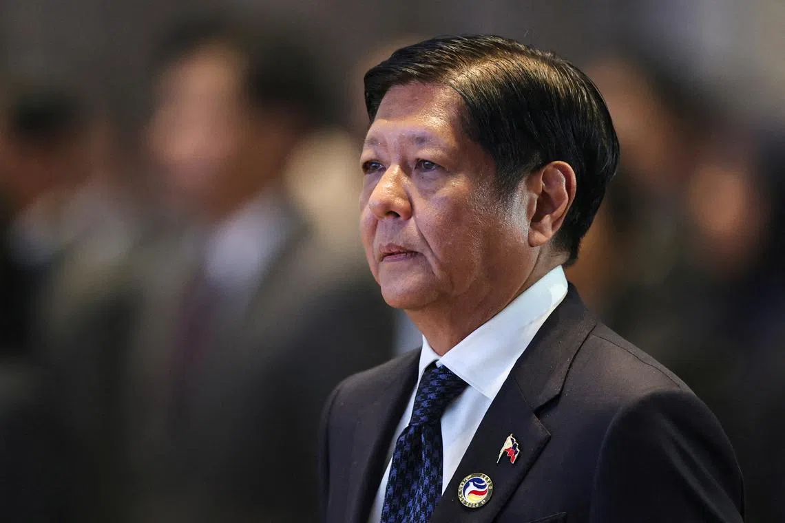 FILE PHOTO: Philippines President Ferdinand Marcos Jr attends the closing ceremony of the 44th and 45th ASEAN Summits and Related Summits and Handing Over of the ASEAN Chairmanship to Malaysia, at the National Convention Centre, in Vientiane, Laos, October 11, 2024. REUTERS/Athit Perawongmetha/File Photo